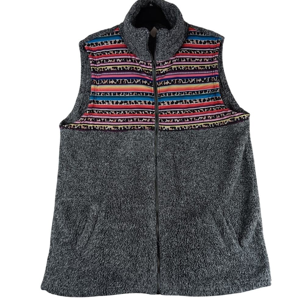 Sunshine‎ & Rodeos Sherpa Vest Womens XL Gray Striped Animal Full Zip Mock Neck